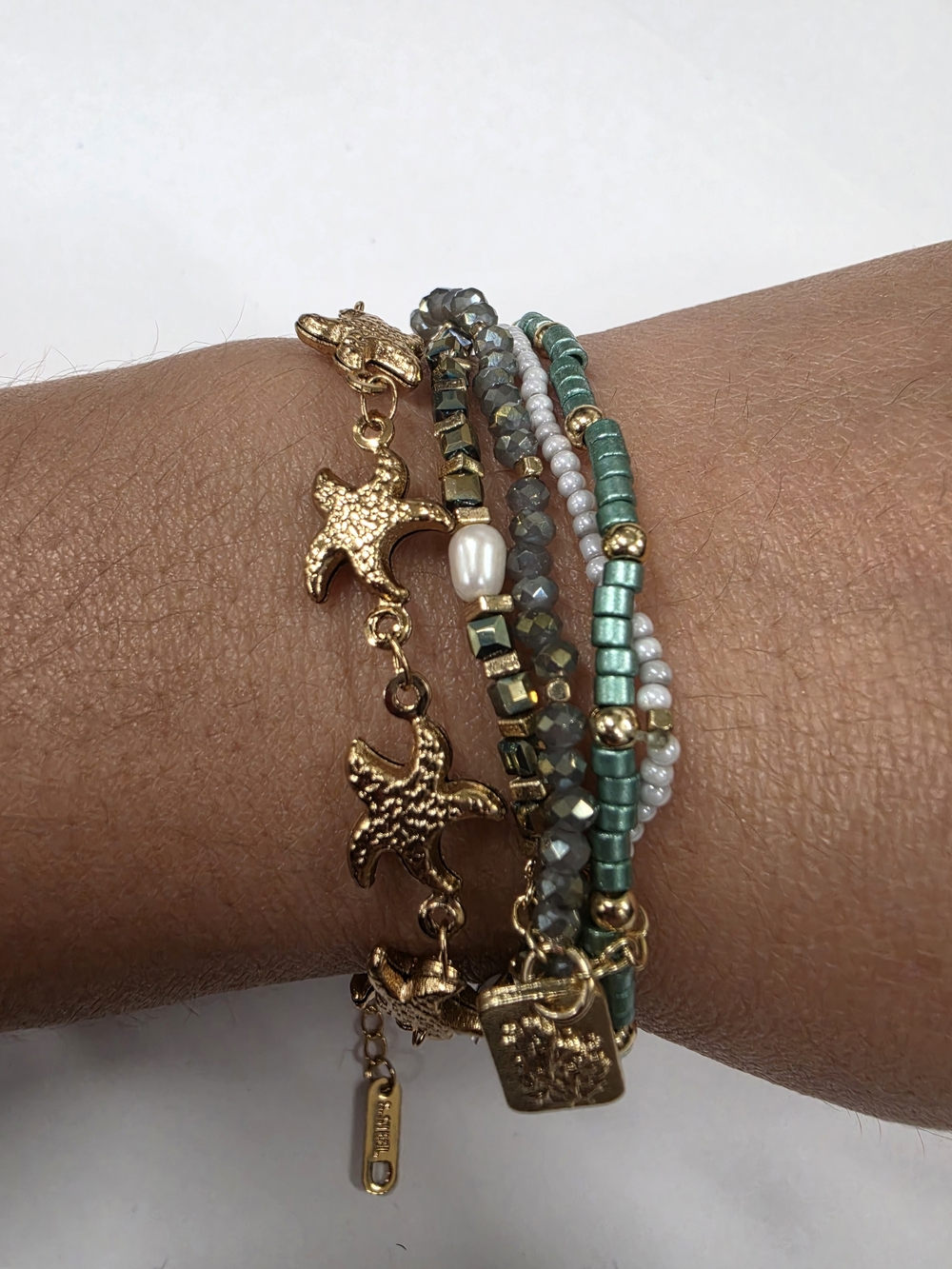 Gold Starfish & Aqua Teal Beaded Bracelet Set Nautical Pearl Stackable Boho